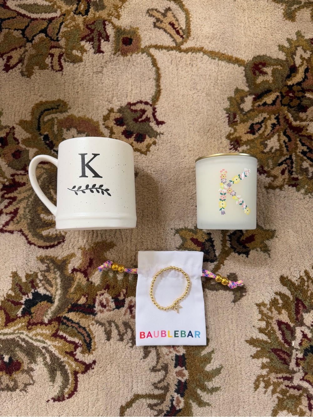 BaubleBar K Gold Beaded Bracelet - and Mug and Candle
